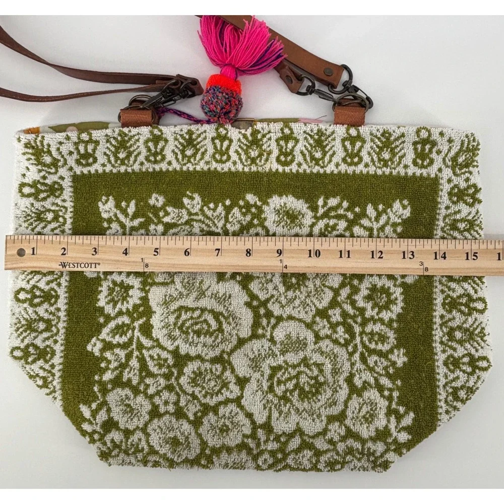 SoL Revibe Shoulder Bag Green Floral Upcycled Hand Towel Cloth Tassel